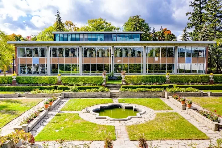 Gardens and campus building at York University