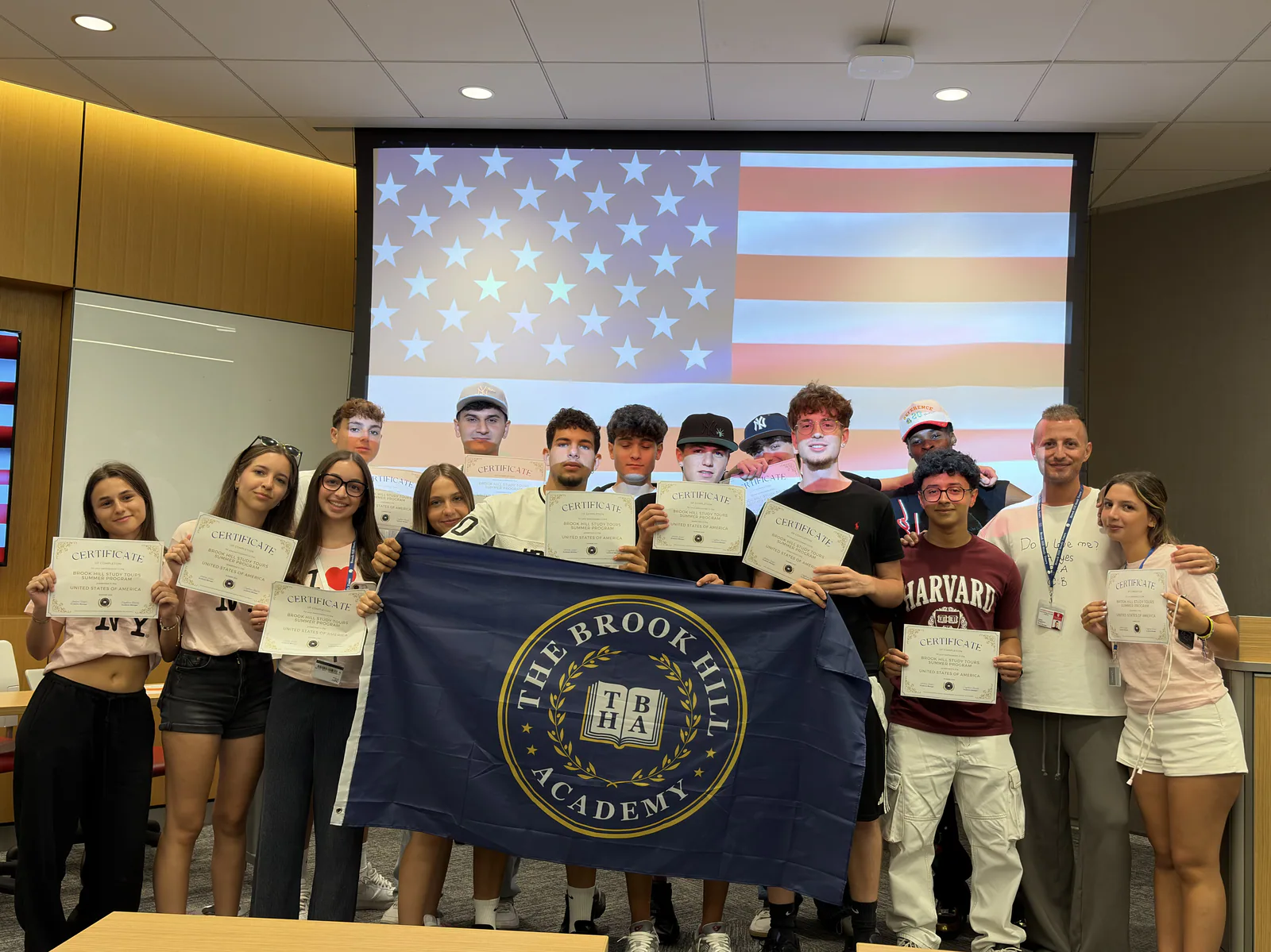 Students celebrating their summer course with certificates
