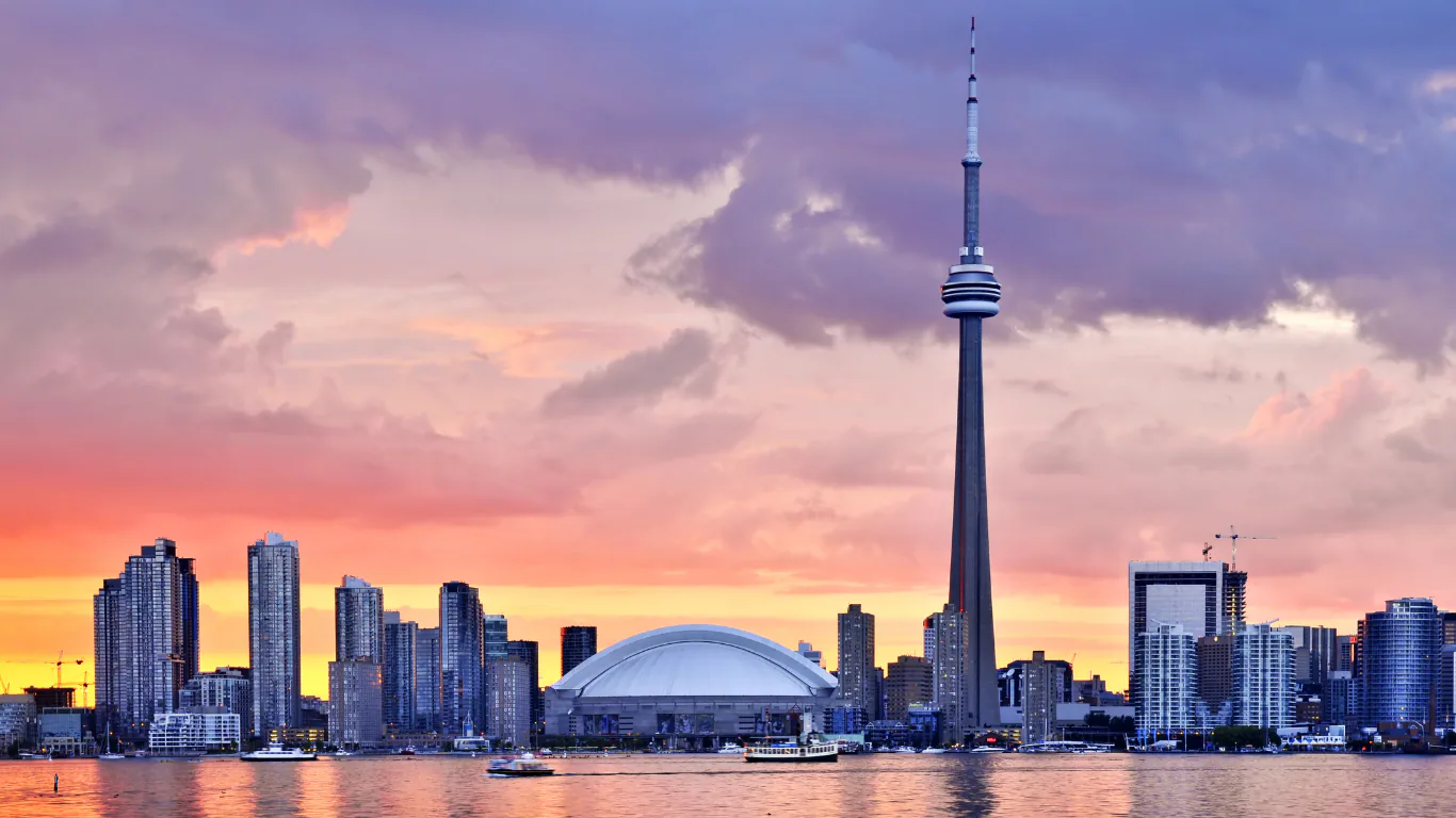 Toronto skyline and the CN Tower at sunset